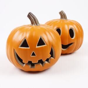 Pair of Intertek Plastic Light Up Halloween Pumpkin Jack-O-Lanterns & Bulbs